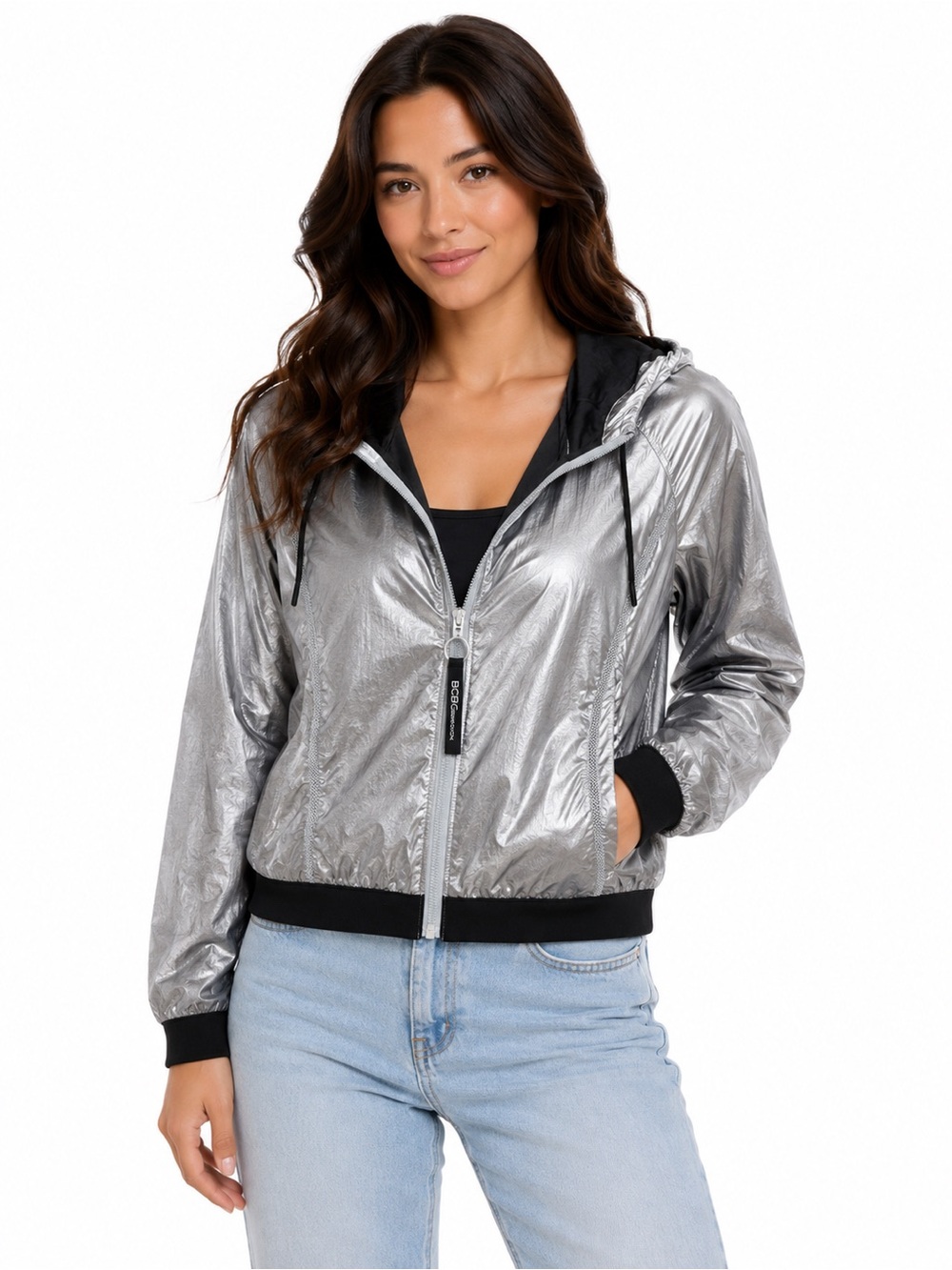 BCBGeneration Metallic Silver Hooded Bomber Jacket